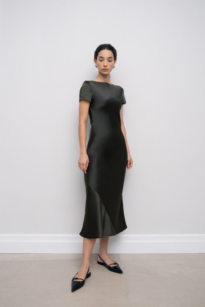 Talia Satin Dress in Moss